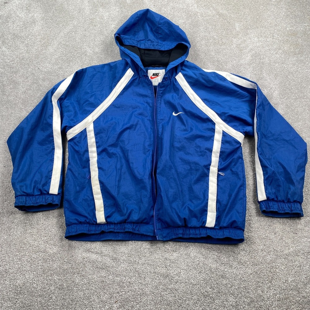 Vintage NIKE Swoosh Full Zip Up Hooded Windbreaker‎ Jacket Youth Size L Blue